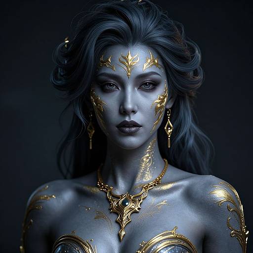Digital artwork of a blue-skinned woman with golden, ornate facial and chest markings, wearing gold jewelry, against a dark background.