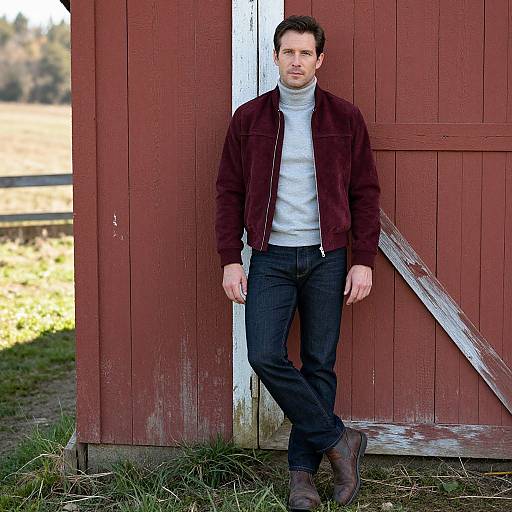 Photograph of a man with short brown hair, wearing a maroon jacket, white turtleneck, dark jeans, and brown boots, leaning against