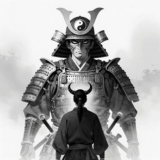 Armored Samurai and Horned Figure in Mist