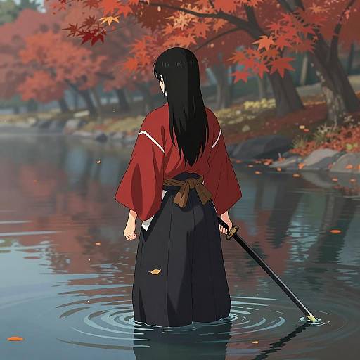 Samurai Woman Standing in Water with Sword