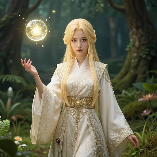 Digital artwork of a blonde woman in an ornate white robe, holding a glowing orb in a mystical forest. Her dress features intricate gold embroidery, and