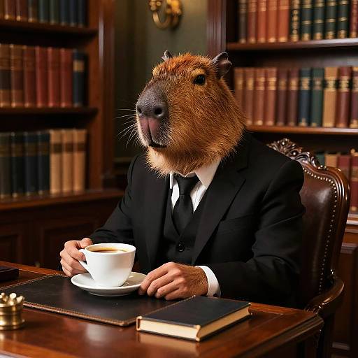 Photograph of a beaver wearing a black suit and tie, sipping coffee in a wooden library with bookshelves.