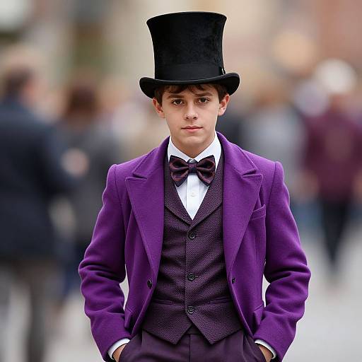 Photograph of a young boy in a Victorian-style outfit, wearing a purple suit, black bow tie, white shirt, and tall black top hat,