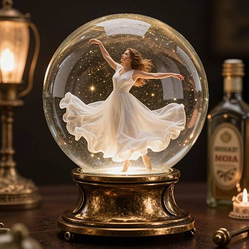 Photograph of a glowing snow globe with a dancing, ethereal woman in a white dress, surrounded by sparkling lights, on a dark wooden table with