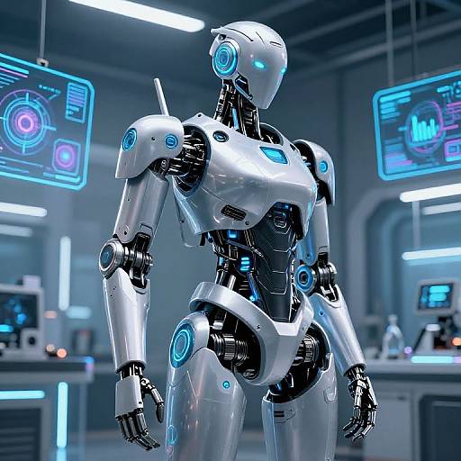 Photorealistic CGI of a sleek, white, female humanoid robot with blue lights, standing in a futuristic lab with glowing blue holographic screens.