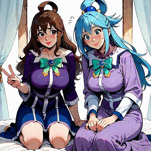 Anime Girls in Purple Robes with Light Beam