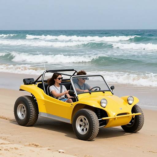 Photograph of a yellow, open-top, all-terrain vehicle on a sandy beach with two people, one woman with sunglasses, the other man,