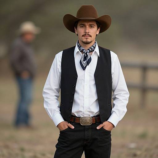 Photograph of a young Caucasian man with a brown cowboy hat, white shirt, black vest, and patterned bandana, standing confidently outdoors with hands