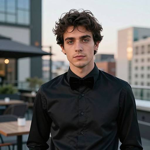 Photograph of a young man with curly dark hair, fair skin, and blue eyes, wearing a black button-up shirt, standing outdoors in a city
