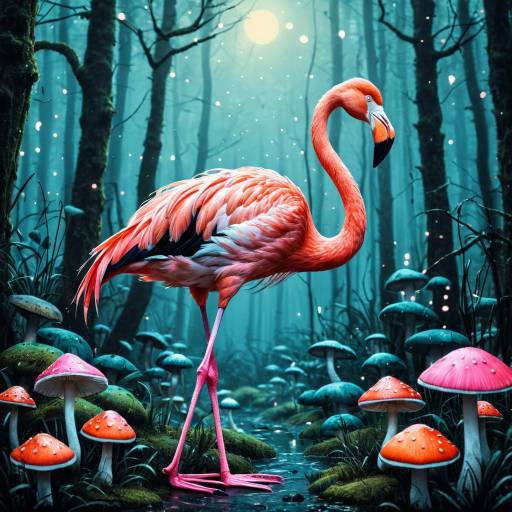 Flamingo Among Glowing Mushrooms in Misty Forest