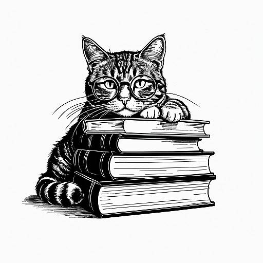 Tabby Cat with Glasses on Books