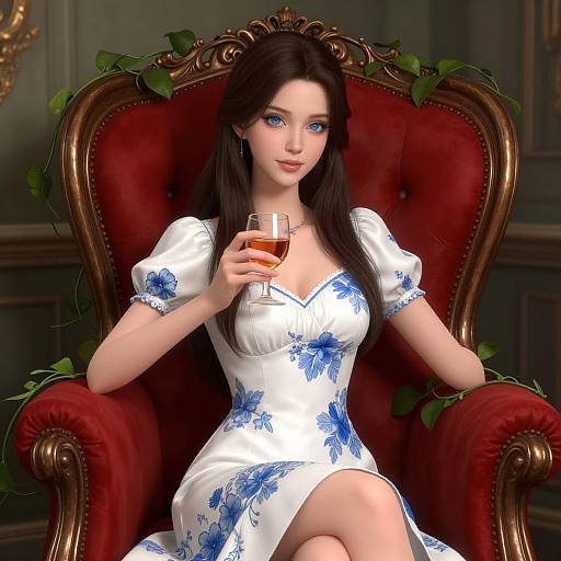 Digital illustration of a beautiful woman with blue eyes, long black hair, wearing a white floral dress, sitting in an ornate red armchair, holding