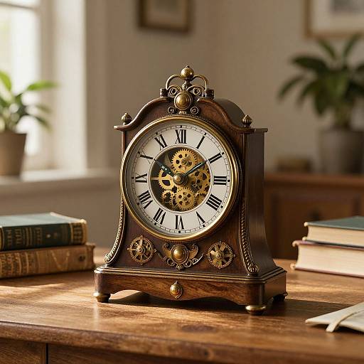 Antique wooden clock with gold gears, Roman numerals, and ornate detailing on a wooden table, surrounded by books and potted plant. Photograph