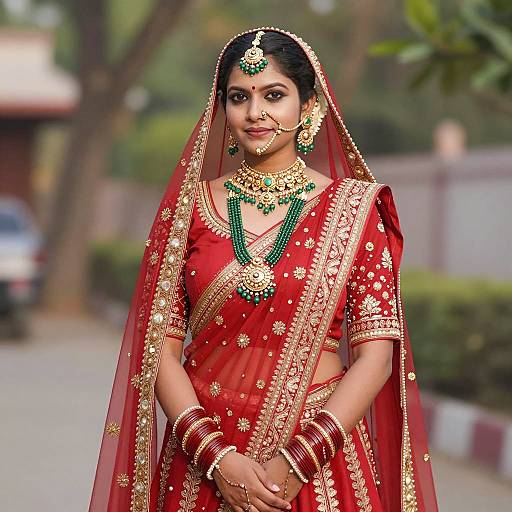 Indian Woman in Traditional Red Saree with Gold Embroidery