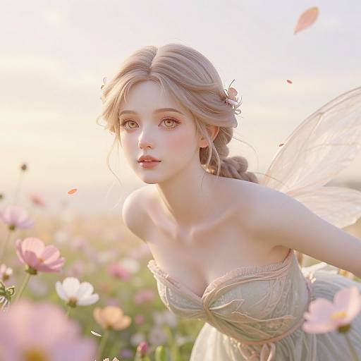 Digital painting of a fair-skinned, blonde fairy with delicate wings, wearing a strapless, light green dress, leaning among pink flowers in a sun