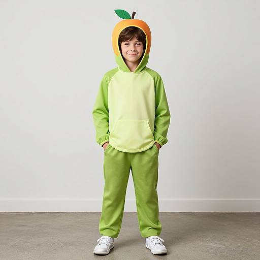 Photograph of a young boy in a bright green orange-fruit-themed hooded onesie with hands in pockets, standing against a plain white wall.