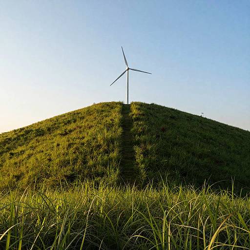 Photograph of a lone wind turbine standing on a grassy hilltop at sunset, with a clear blue sky and tall grass in the foreground.