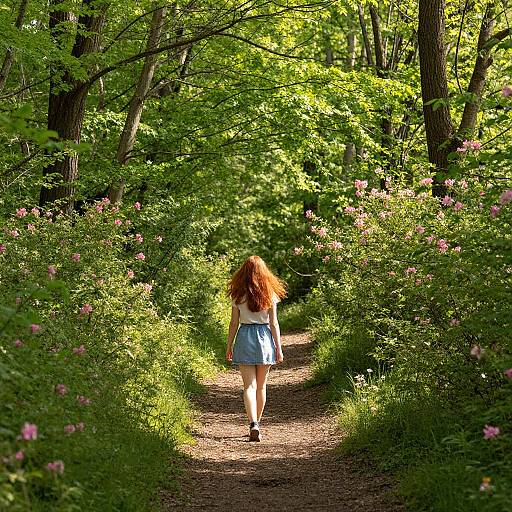 Sunlit Forest Path with Red-Haired Woman