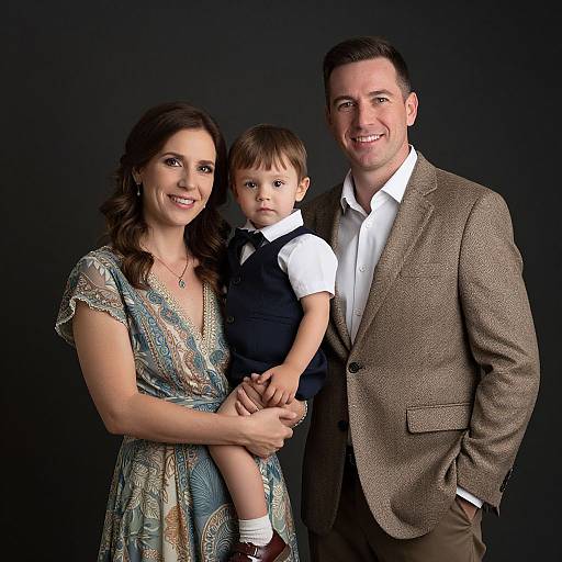 Photograph of a smiling family: a woman in a patterned dress, a man in a brown blazer, and a toddler in a vest and
