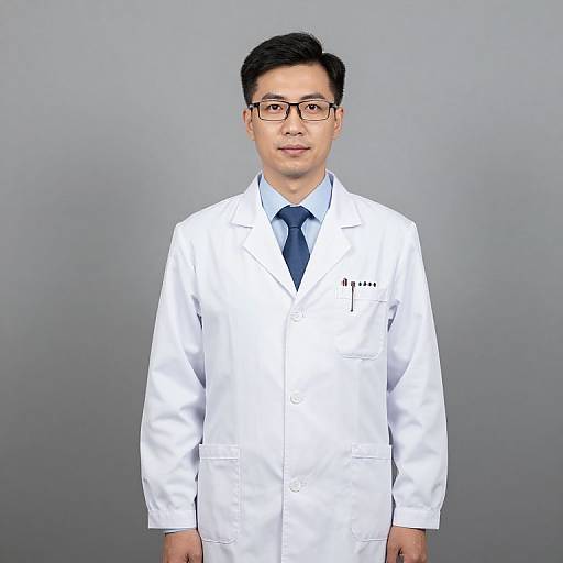 Photograph of an Asian male doctor with short black hair, glasses, wearing a white lab coat, blue tie, and grey background.