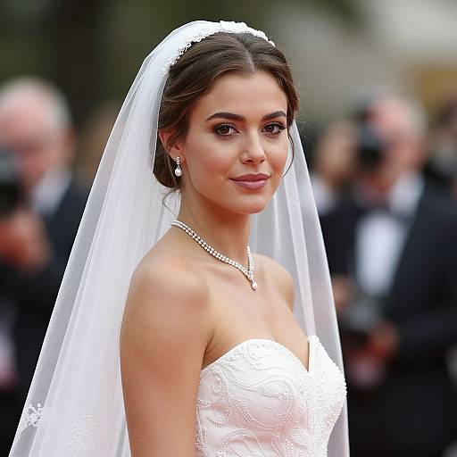 Photograph of a beautiful young bride with dark hair, wearing a white lace strapless dress, veil, pearl necklace, and earrings, smiling at a