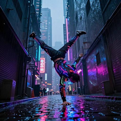 Neon-lit urban alleyway photograph of a dancer in sparkly, rainbow-colored leggings and black top, performing a handstand with legs spread wide
