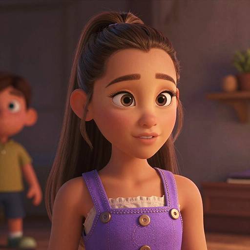 CGI image of a young girl with large eyes, brown hair in a ponytail, wearing a purple dress with white lace, standing in a warm