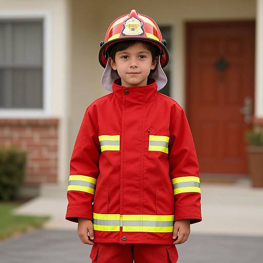 Photograph of a young boy in red firefighter uniform and helmet, standing in front of a suburban house with a wooden door.