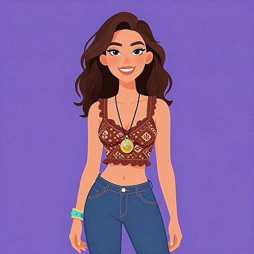 Smiling Woman in Bohemian Top and Denim Jeans