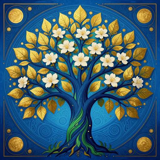 Digital artwork of a vibrant blue tree with golden leaves and white flowers, surrounded by golden circles and spirals, creating a celestial, mystical effect.