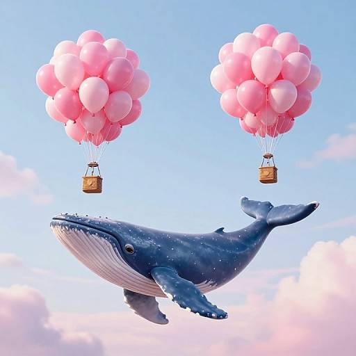 Photorealistic image of a blue whale floating below two pink balloon clusters, each holding a small, wooden suitcase, against a clear blue sky.
