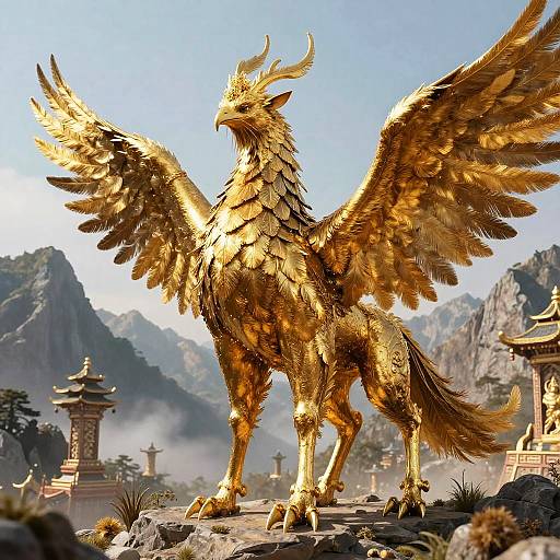 Digital artwork of a golden, winged phoenix with antlers standing on rocky terrain, surrounded by ancient temples and misty mountains.