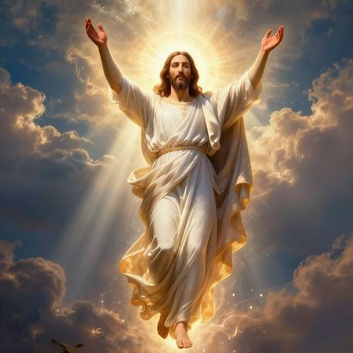 Photograph-style digital artwork of Jesus with long brown hair, beard, white robe, arms raised, surrounded by radiant sunlit clouds.