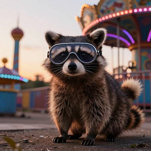 Anime Raccoon with Goggles at Neon Amusement Park