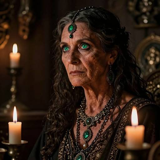 Photograph of an aged, wise-looking woman with long, wavy black hair, glowing green eyes, adorned in dark, ornate jewelry, surrounded