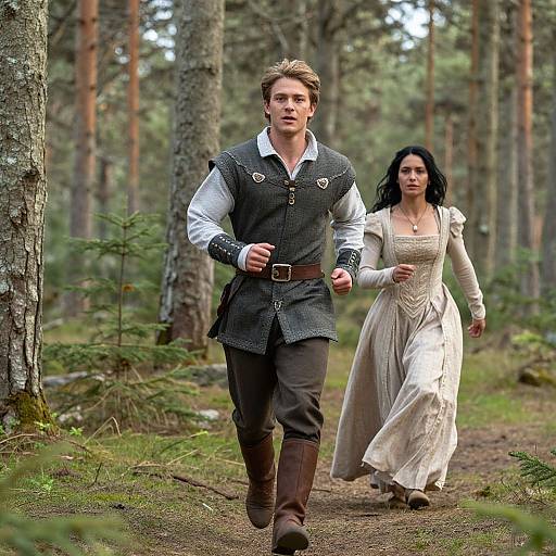 Fantasy Couple Running Through Pine Forest