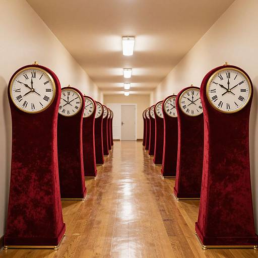 Photograph of a long, narrow hallway with nine identical, tall, red velvet clock towers on both sides, wooden floor, white ceiling lights, and