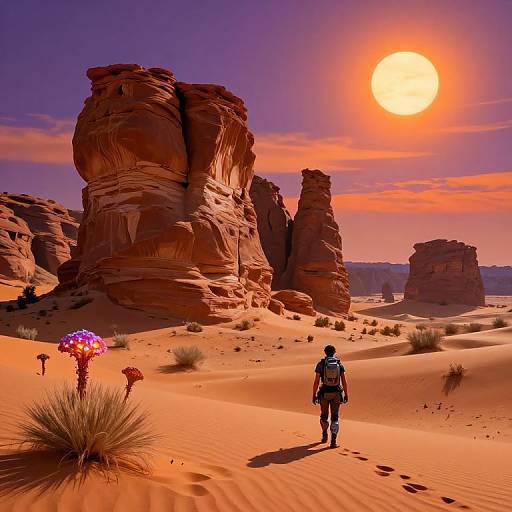 Photograph of a lone hiker in desert, facing towering red rock formations under a bright orange sun in a purple sky. Vibrant cacti