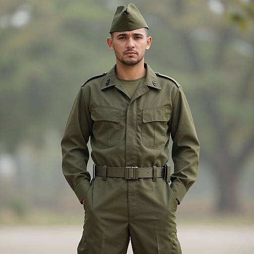 Photograph of a serious, young South Asian man in a green military uniform with a peaked cap, standing outdoors with hands in pockets, blurred trees in