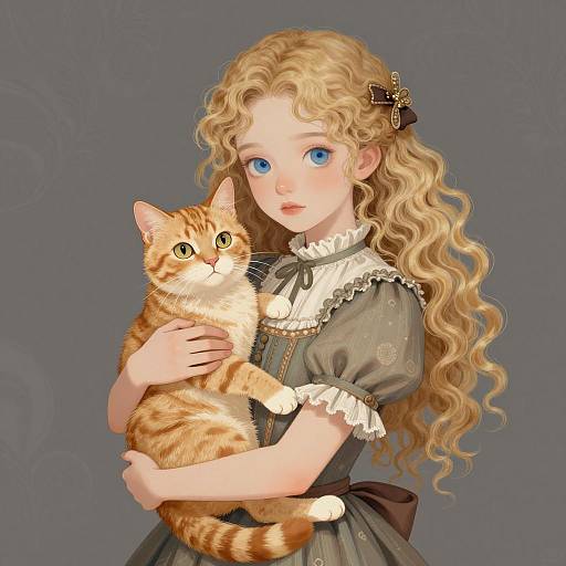 Victorian Girl with Ginger Tabby Cat