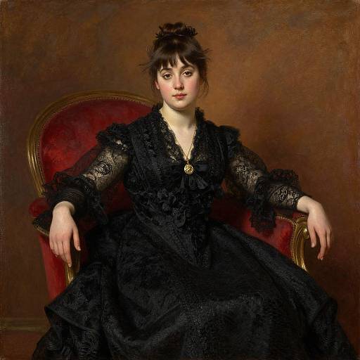 Victorian-era painting of a fair-skinned woman with dark brown hair, wearing a black lace dress, seated on a red velvet chair against a brown