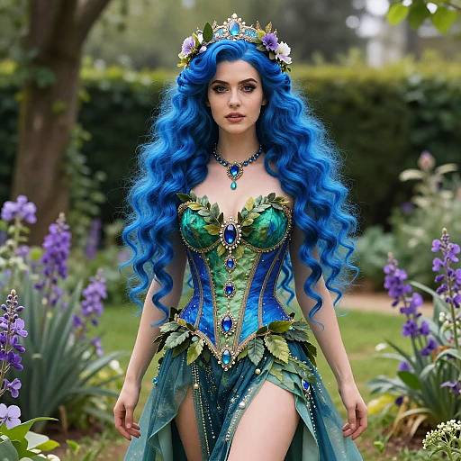 Digital fantasy portrait of a fair-skinned woman with vibrant blue hair, wearing a green, leafy, strapless mermaid-style dress, adorned with