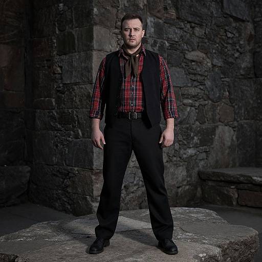 Photograph of a serious, bearded man in a red plaid shirt, black vest, and pants, standing in a dimly lit stone cellar