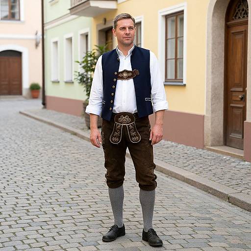Photograph of a man in traditional Bavarian attire: white shirt, black vest, brown pants, gray stockings, black shoes, standing on a cob
