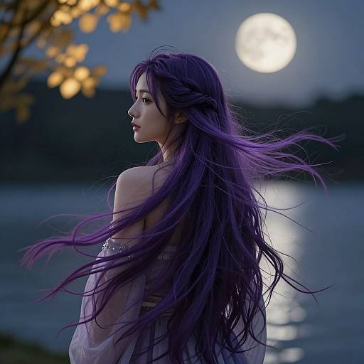 Photograph-like digital art of a woman with long, flowing purple hair, standing by a moonlit lake, wearing a sheer white dress, with autumn