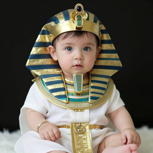 Photograph of a baby with fair skin, blue eyes, wearing an Egyptian-themed headdress and white outfit, set against a black background.