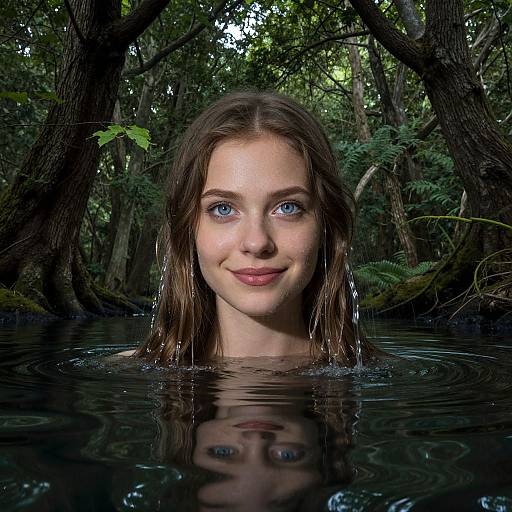 Photograph of a young woman with blue eyes, wet brown hair, and fair skin, smiling in a dark, forested swamp with water up to