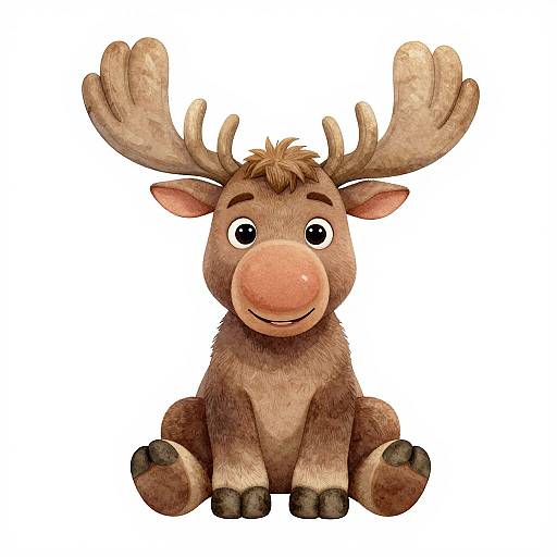 Cute cartoon moose with large antlers, big round nose, and friendly expression, sitting on white background, digitally illustrated.