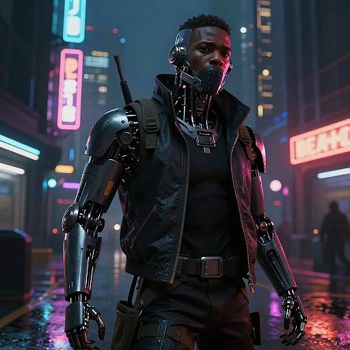 Cyberpunk night scene: muscular Black man with robotic arm and shoulder, wearing tactical vest and mask, stands on wet street with neon lights, holding