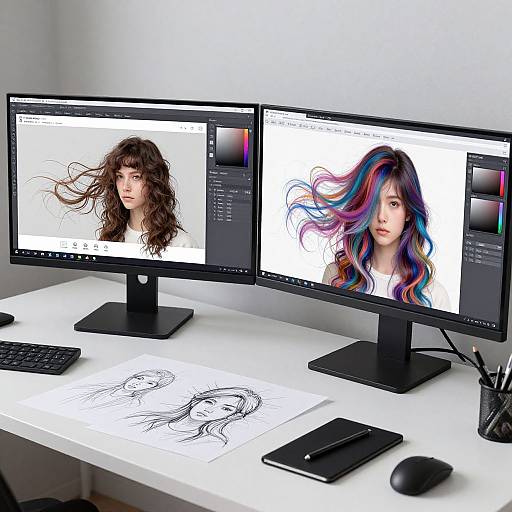 Photograph of a modern white desk with two monitors displaying digital portraits of curly-haired and rainbow-haired women, accompanied by a sketchpad and drawing tools.